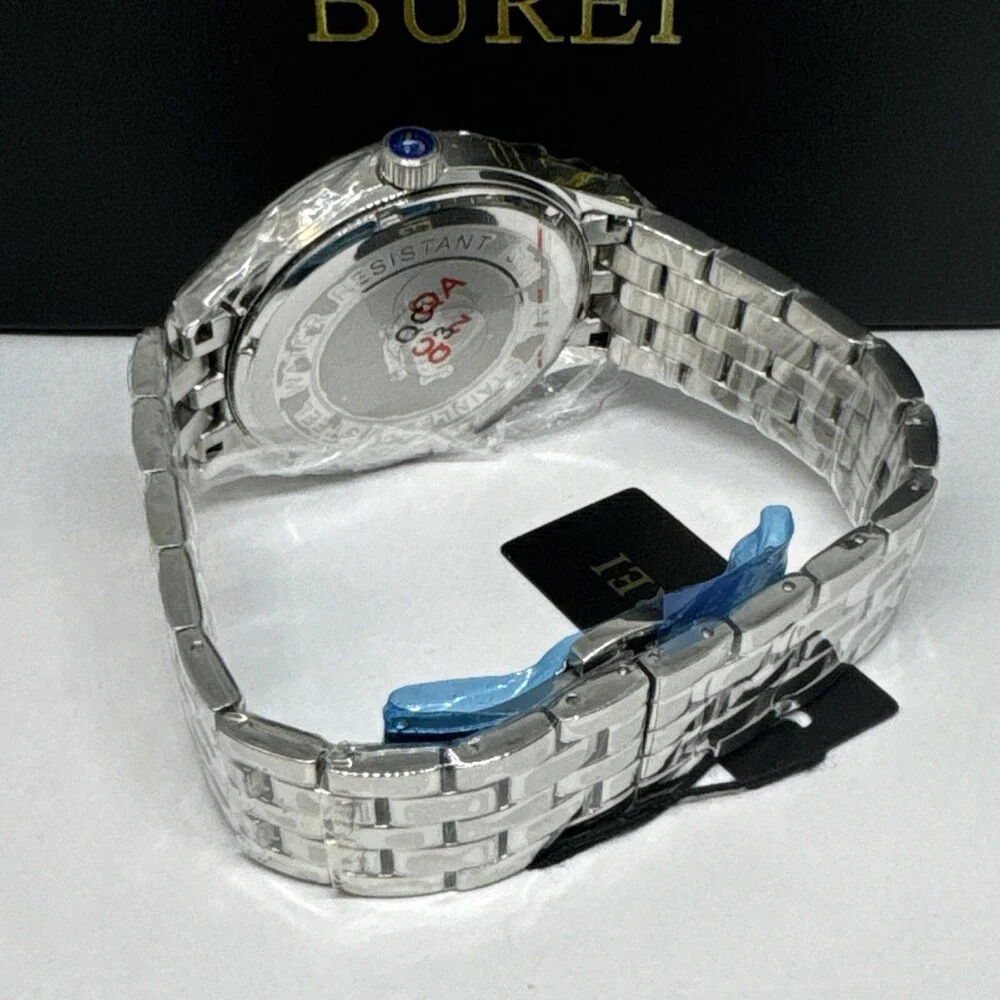 Burei S-13001M Men's Silver Stainless Steel Analog White Dial Quartz Watch JNA48